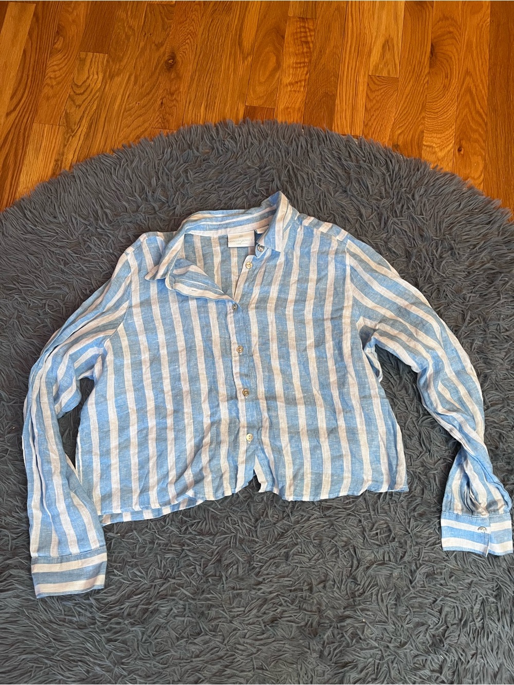 Cynthia Rowley Blue White Striped 100% Linen Boxy Cropped Shirt Size L